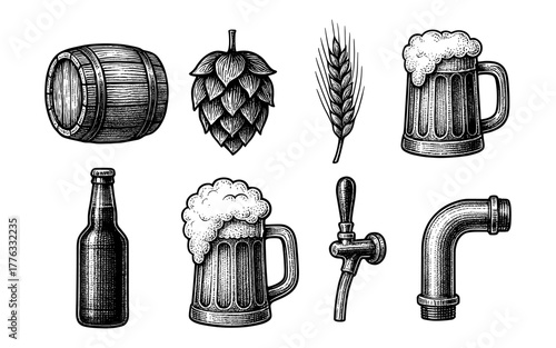 Vintage brewing elements with barrels, hops, and beer mugs in detailed engraving style