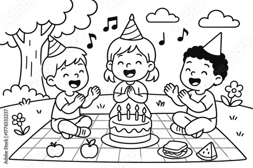 Birthday Picnic Coloring. Outdoor birthday picnic children?s coloring book illustration, outlined drawing, children singing around a picnic blanket with cake