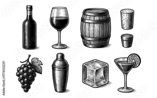 Vintage beverage and barware collection with engraved aesthetic