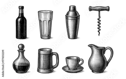 Vintage engraving style beverage glassware collection with corkscrew