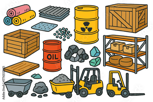 Colorful Raw Materials Icons. Raw materials. Colorful Hand-drawn doodle Children illustration Raw materials barrels, crates, fabric rolls, metal sheet, plastic