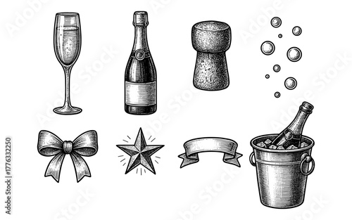 Vintage celebration elements set: champagne, cork, ribbon, and more in hand drawn style