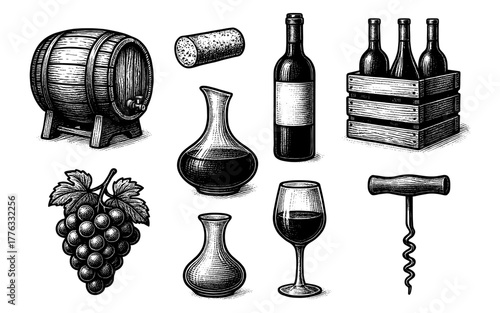 Vintage wine elements collection with barrel, bottles, and grapes