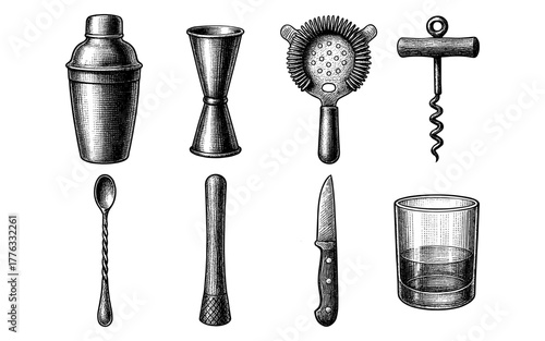 Vintage cocktail tools collection in engraved style for mixology and bar enthusiasts