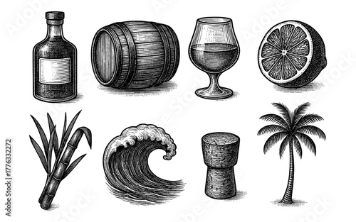 Vintage rum elements: barrel, glass, cane, and tropical symbols in hand-drawn style