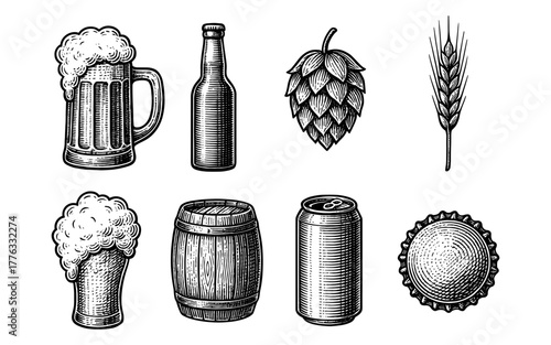 Vintage beer elements with engraved style featuring mug, bottle, hops, wheat, and barrel