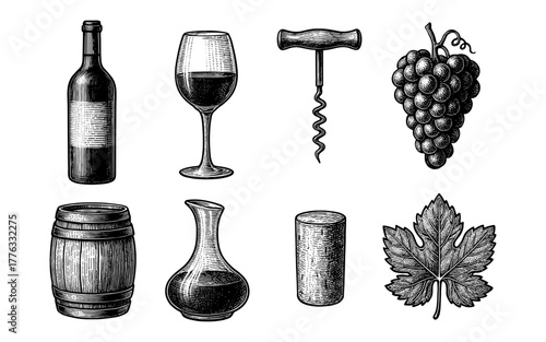 Vintage wine elements: bottle, glass, corkscrew, grapes, barrel, decanter, cork, leaf