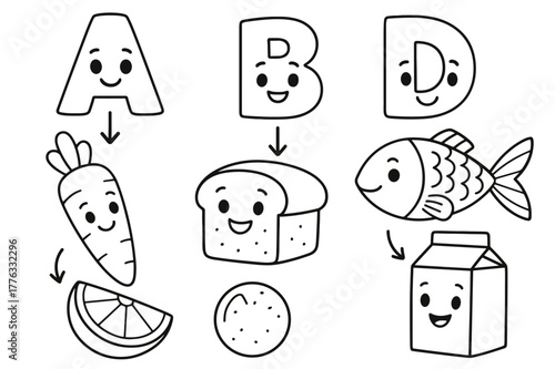Nutrient-Packed Coloring Fun. Vitamins and minerals children?s coloring book illustration, outlined drawing, smiling letter icons like A, B, C, D next to