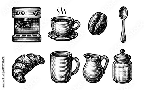Hand drawn coffee and pastry elements with vintage style for cafes and bakeries