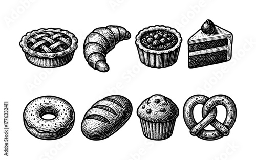 Vintage bakery goods collection: retro hand-drawn pastries and sweets set