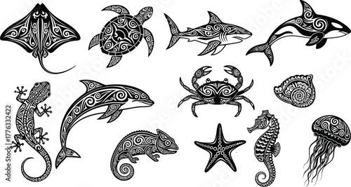 Black and white tribal tattoo designs of various sea and land animals