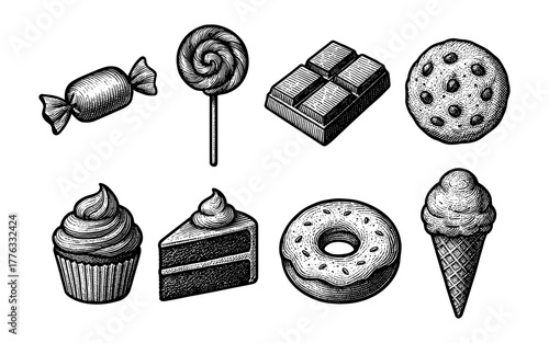 Vintage black and white sweets collection: cakes, candy, and desserts