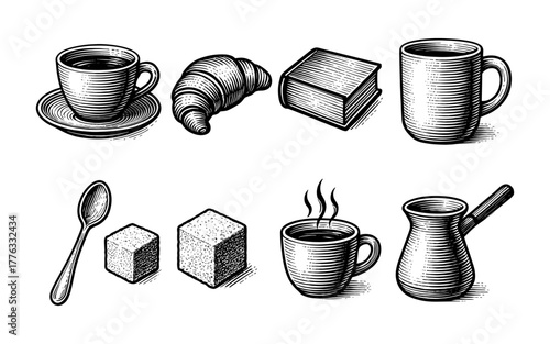 Hand drawn breakfast set with coffee, croissant, book, and utensils