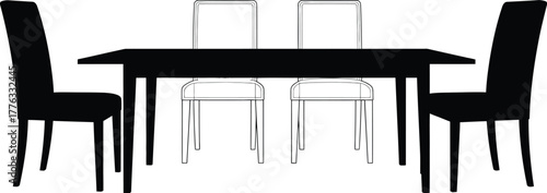 Illustration of a dining table with four chairs in black and white