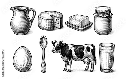 Vintage dairy products and farm elements in detailed engraving style