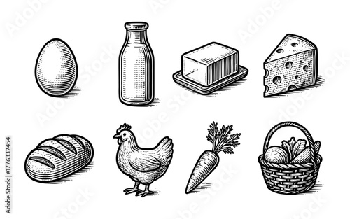 Hand drawn vintage food collection: dairy, bakery, and fresh produce