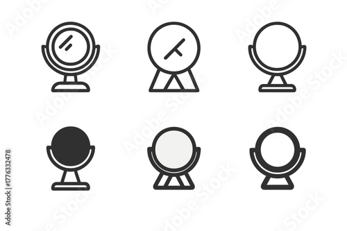 Vanity Mirror Logos. vanity mirror. Set Logo of vanity mirror: Travel folding vanity mirror. Icon set. harmonious logo variations of the same emblematic