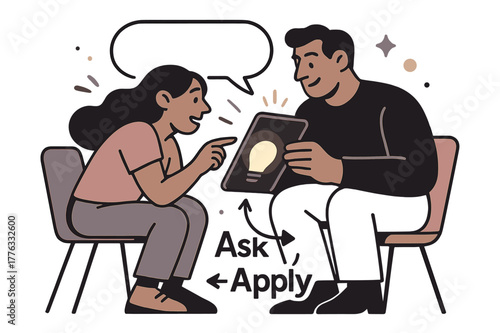 Mentorship in Motion. Learning with a mentor. Two figures share a tablet like a lantern; arrows flow from ?Ask? to ?Apply?. A speech bubble forms a bridge