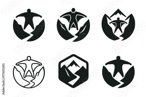 Wingsuit Logo Variations. Wingsuit flying. Set Logo of Wingsuit flying: flyer slicing through valley. harmonious logo variations of the same emblematic