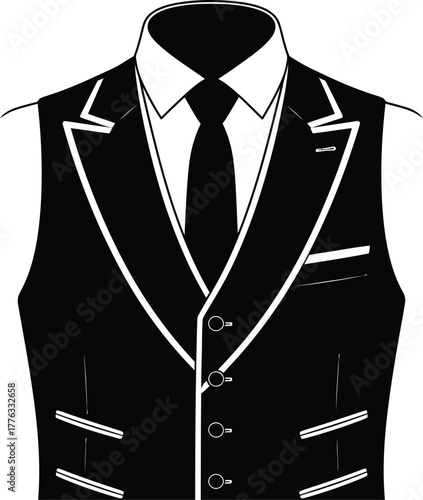 Illustration of a black vest with white trim and white shirt and tie