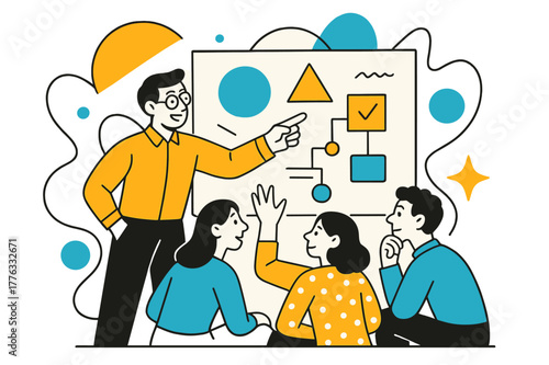 Creative Team Collaboration. Team Leaders Guiding Teams in Creative Projects. Team leader pointing at a whiteboard with floating abstract geometric shapes and