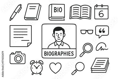 Biographies Doodle Icons. Biographies. Hand-drawn doodle illustration biographies portrait frame, pen, notebook, book cover, open page, calendar, camera,