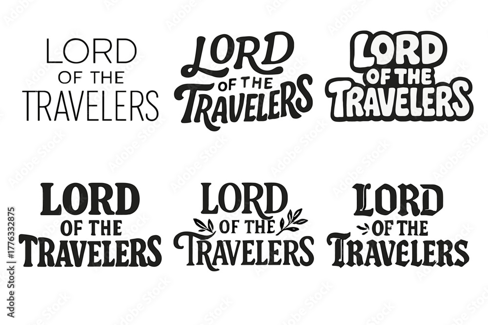 Fototapeta premium Traveler Typography Variations. Lord of Travelers. Set lettering. harmonious lettering variations of the same emblematic concept (Modern minimal monoline
