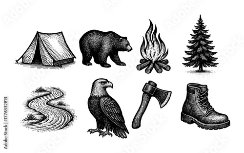Hand-drawn camping icons: tent, bear, campfire, pine tree, stream, eagle, axe, boot