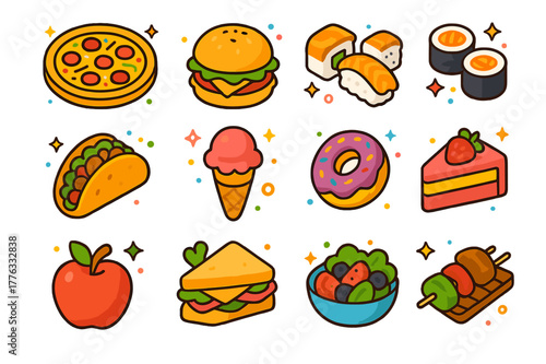 Colorful Food Icons. food items. Colorful isometric vector icons set of food items: pizzas, burgers, sushi, tacos, ice cream, donuts, cakes, fruits,