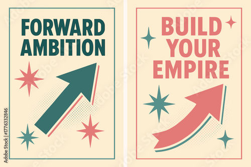 Ambition Banners. Forward ambition. Two vertical A6 banners with safe margins, centered composition, no elements touching edges, retro, pink and teal, objects