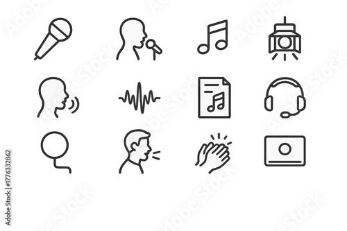 Vocal Performance Icons. Vocal Performance. Line icon set of Vocal Performance: microphone, singer silhouette, music notes, stage light, vocal warmup, sound