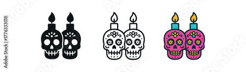 decorated skull candle pair icon on white background Black silhouette flat icon outline icon and colored icon style bright colors pink turquoise three minimal vector icon style