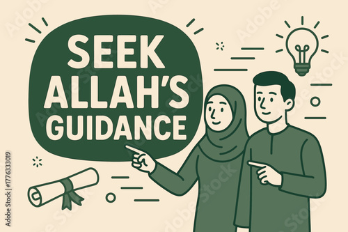 Seek Guidance Banner. Seek Allah?s Guidance banner, flat vector illustration, bold oversized text inside rounded blob, cartoon characters standing calmly and