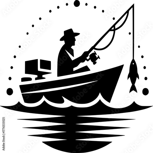 Solitary Angler on Serene Waters: A silhouette of a solitary figure casts a line from a boat, patiently awaiting a bite, capturing the tranquility of a day spent on the open water. 