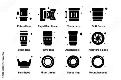 Photographic Lens Icons. Photographic Lenses Evolution. Solid icons set of Photographic Lenses Evolution: petzval lens, rapid rectilinear, tessar lens, soft