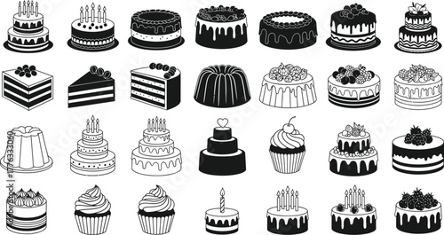Collection of various cakes and desserts in black and white outline