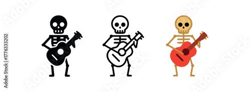 skeleton holding guitar icon on white background Black silhouette flat icon outline icon and colored icon style black gold red three minimal vector icon style