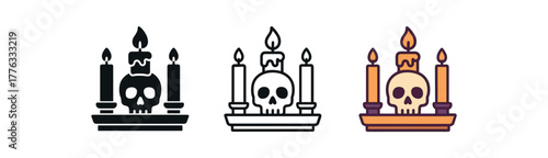 skull candle altar set icon on white background Black silhouette flat icon outline icon and colored icon style warm palette gold orange purple three minimal vector icon style