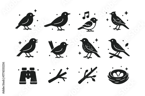 Dawn Chorus Birds Icons. Birds at dawn chorus. Solid icons set of Birds at dawn chorus: robin, blackbird, sparrow, skylark, nightingale, wren, thrush, warbler,