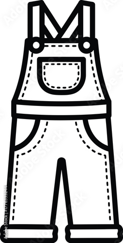 A black and white line drawing of overalls with pockets and straps