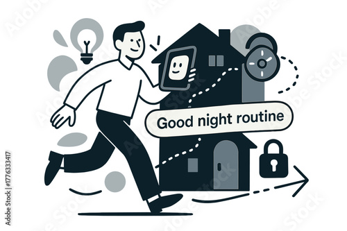 Smart Home Symphony. AI Assistants ? Smart Home Steward. The assistant orchestrates lights, thermostat, and locks; dotted signals flow house-wide. Tag ?good