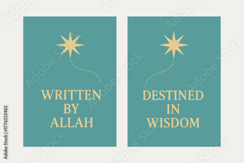 Divine Destiny Banners. Qadr. Two vertical A6 banners with safe margins, centered composition, no elements touching edges, minimal, turquoise and gold, path