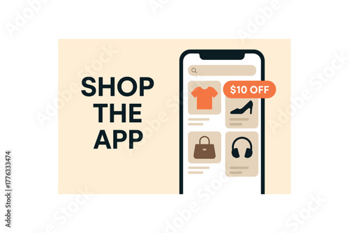 Flat vector banner SHOP THE APP phone UI with product tiles and coupon pill headline left clean onboarding scene