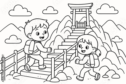 Children's Shrine Hike. Mountain shrine hike children?s coloring book illustration, outlined drawing, kids climbing gentle steps with railings toward a tiny