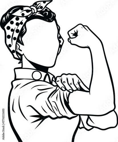 Black and white drawing of a woman flexing her arm with a bandana on