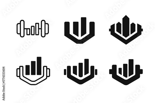 Diverse Training Load Logos. Training load. Set Logo of Training load: barbell combined with bar chart. harmonious logo variations of the same emblematic