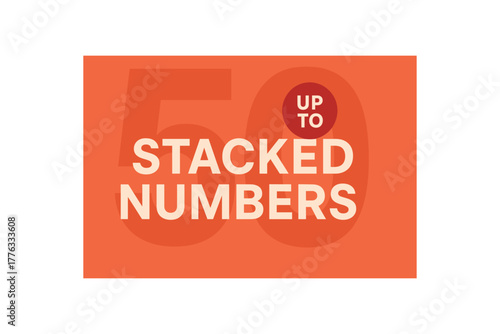 Flat vector banner STACKED NUMBERS huge 50 ghost numerals as background white headline foreground red coin UP TO clean typographic hierarchy