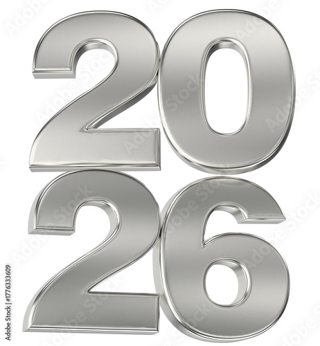 Luxurious 2026 silver metallic digits celebrating the New Year, isolated on a clean black background.