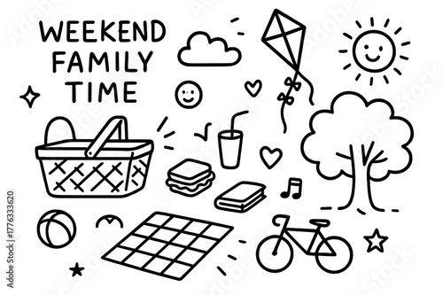 Family Picnic Doodles. Weekend family time. Hand-drawn doodle illustration Weekend family time picnic basket, park tree, sun, kite, ball, bicycle, sandwich,