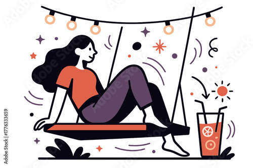 Evening Swing Bliss. Evening relaxation. String lights glowing above, gentle motion lines around swing; lemonade glass catching last rays. Time slows in